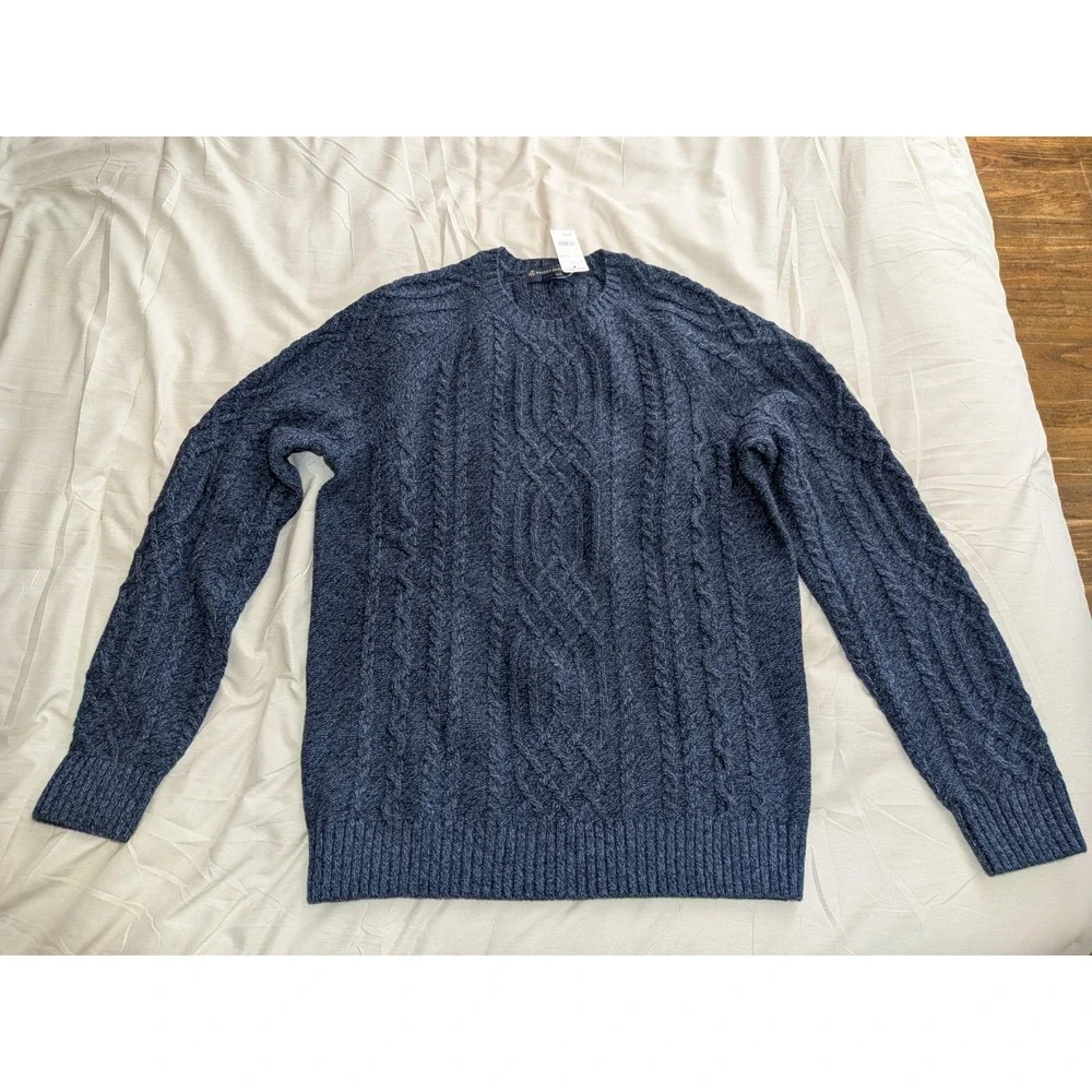 Brooks Brothers Italian Yarn Blue Cable-Knit 4-Ply Crew Neck Sweater Men's M